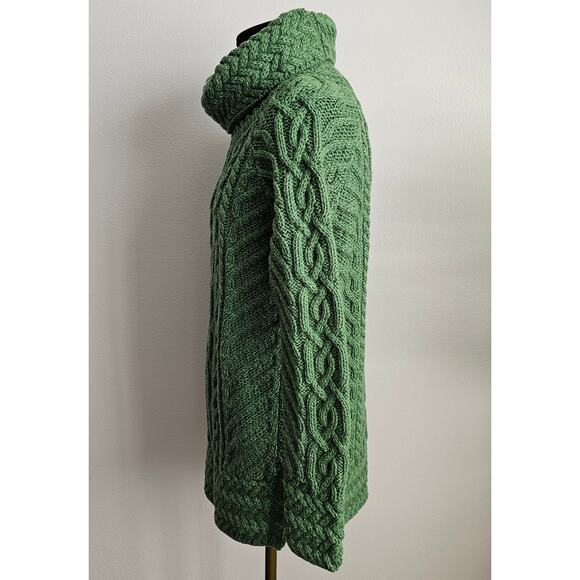 NWT SAOL Green Aran Fisherman Merino Wool Cowl Funnel Neck Cable Knit Sweater S - Picture 3 of 10